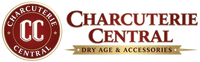 A logo banner for 'Charcuterie Central' featuring a circular red and gold emblem on the left with 'CC' in the center, and the words 'CHARCUTERIE CENTRAL' in large red serif font on the right, with a gold banner below reading 'DRY AGE & ACCESSORIES'.
