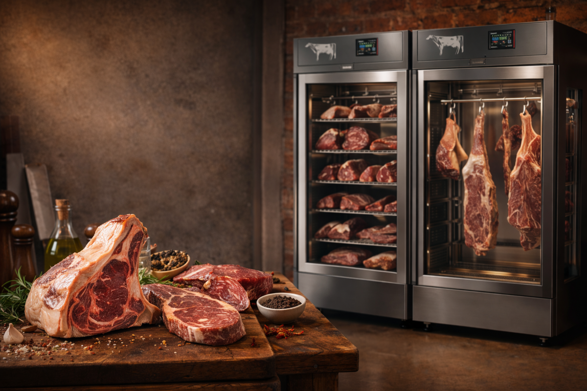 Meat smoking equipment with raw and cooked meats on a rustic wooden table.