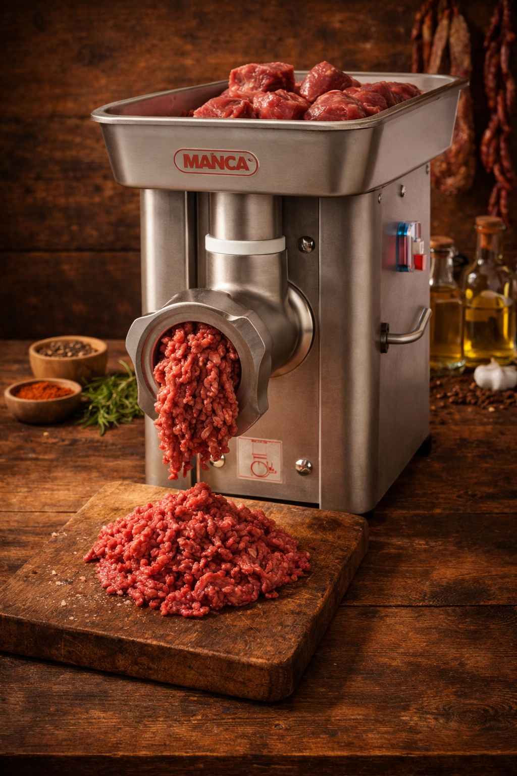 Manca meat grinder with ground meat on a wooden surface