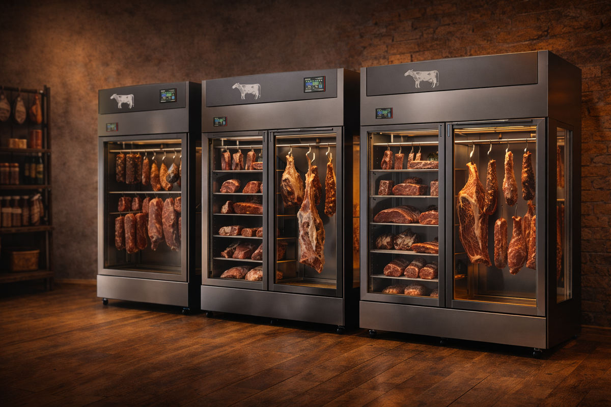Three large dry agers displaying various cuts of meat in a dimly lit room.