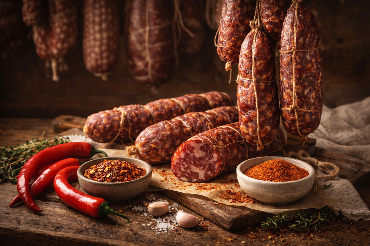 Dried sausages on a wooden surface with red peppers and spices.