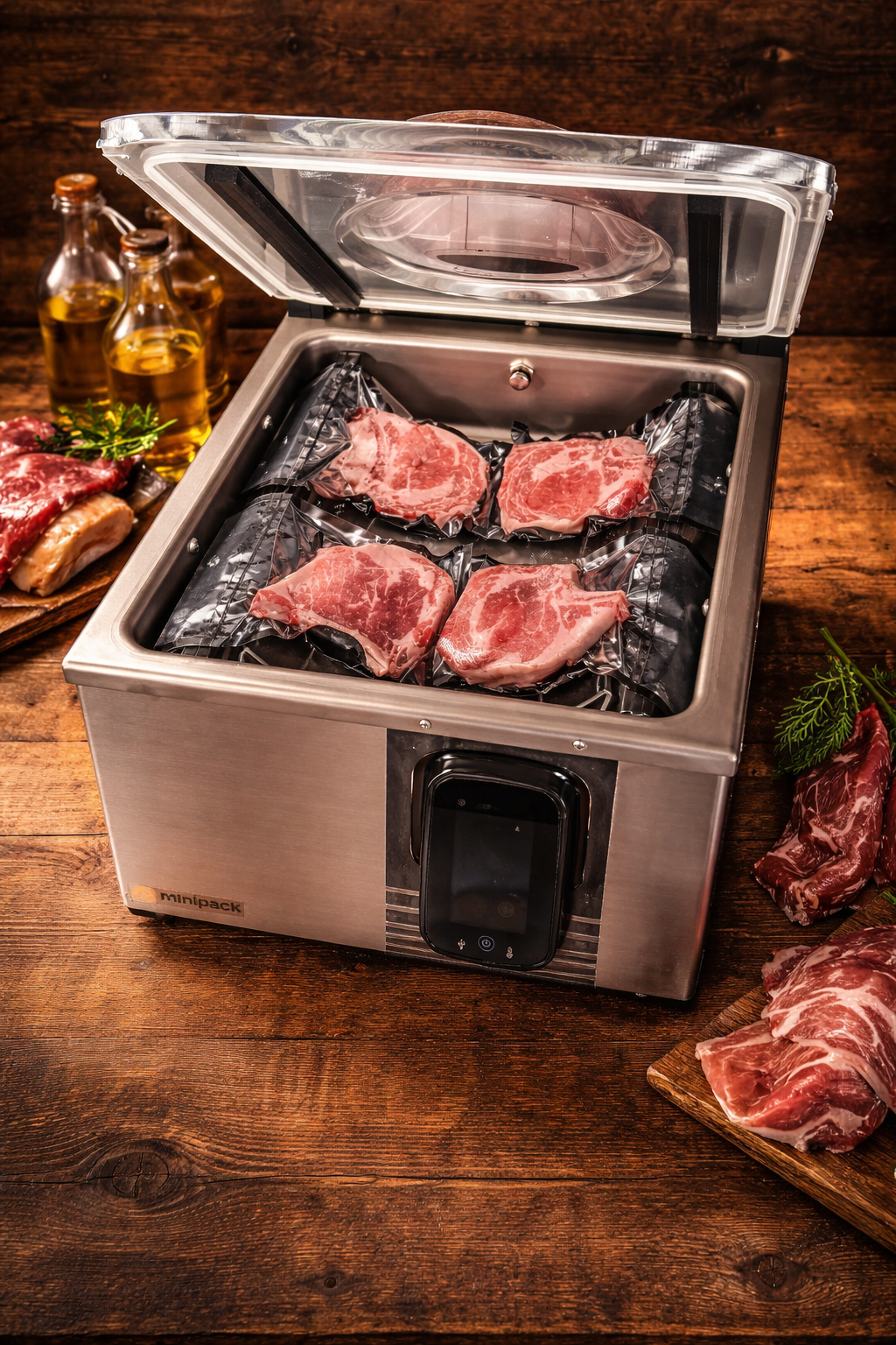 Vacuum sealer with packages of raw meat on a wooden surface